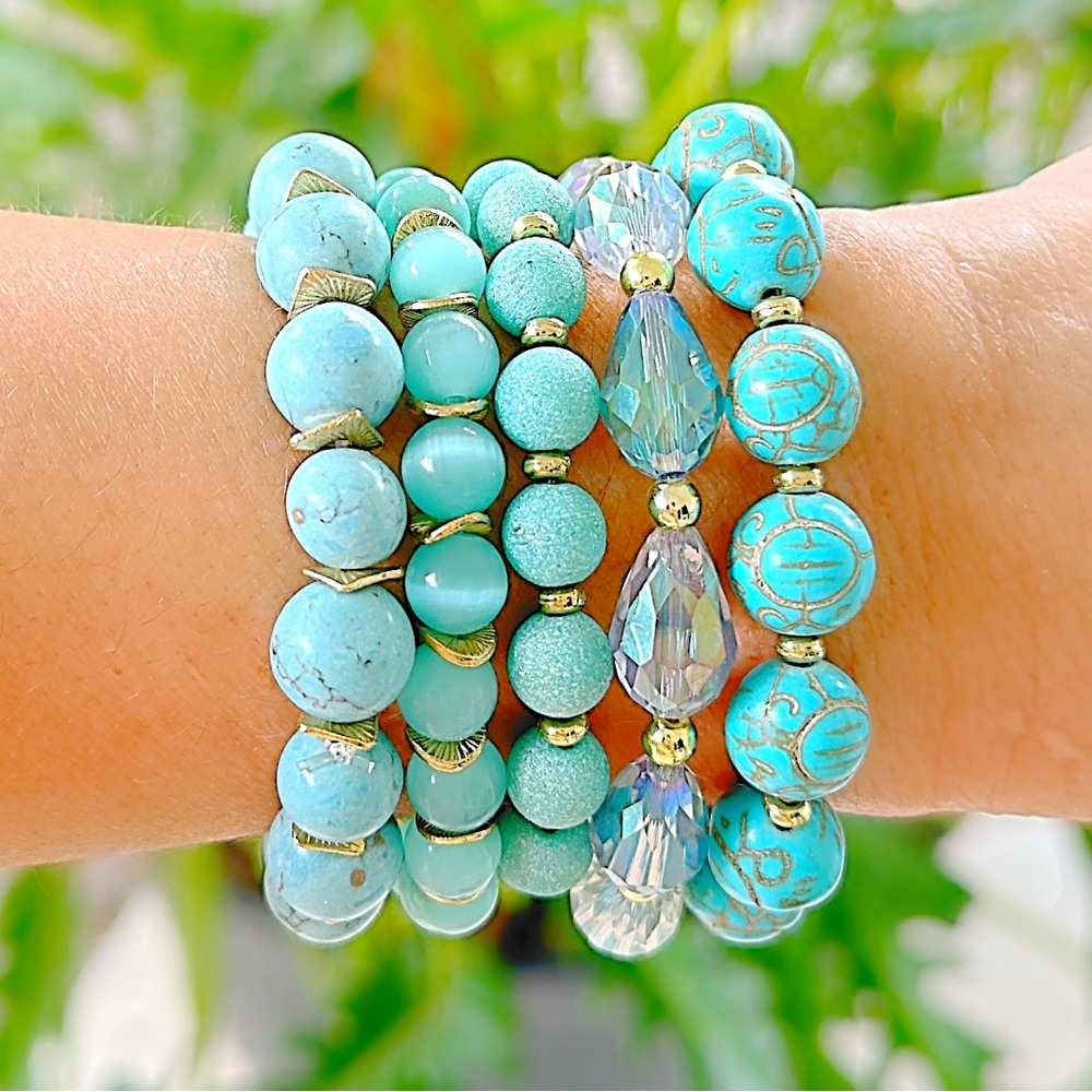 Birch House Jewelry, Handmade 5 piece turquoise beaded bracelet set